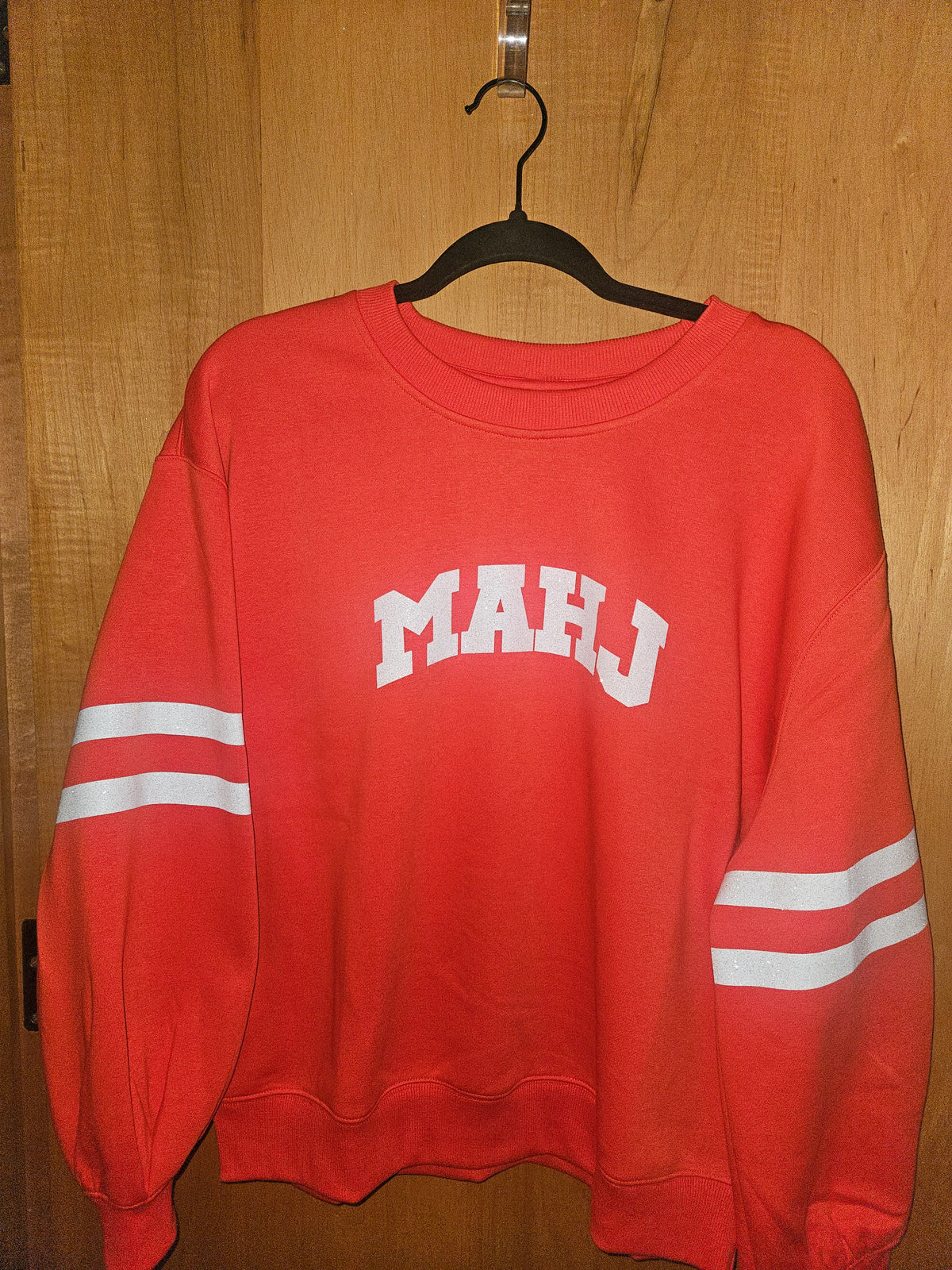CREWNECK, White Glitter "MAHJ" Varsity Crewneck "L"