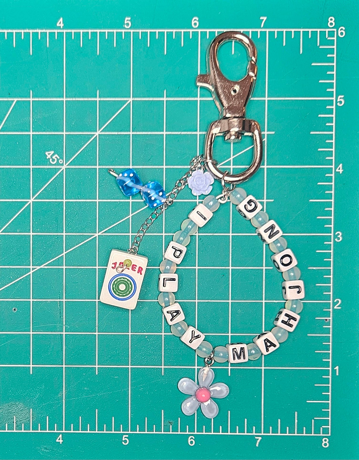 I PLAY MAHJONG Small Joker Tile Keychain (Tile is light green glitter.)