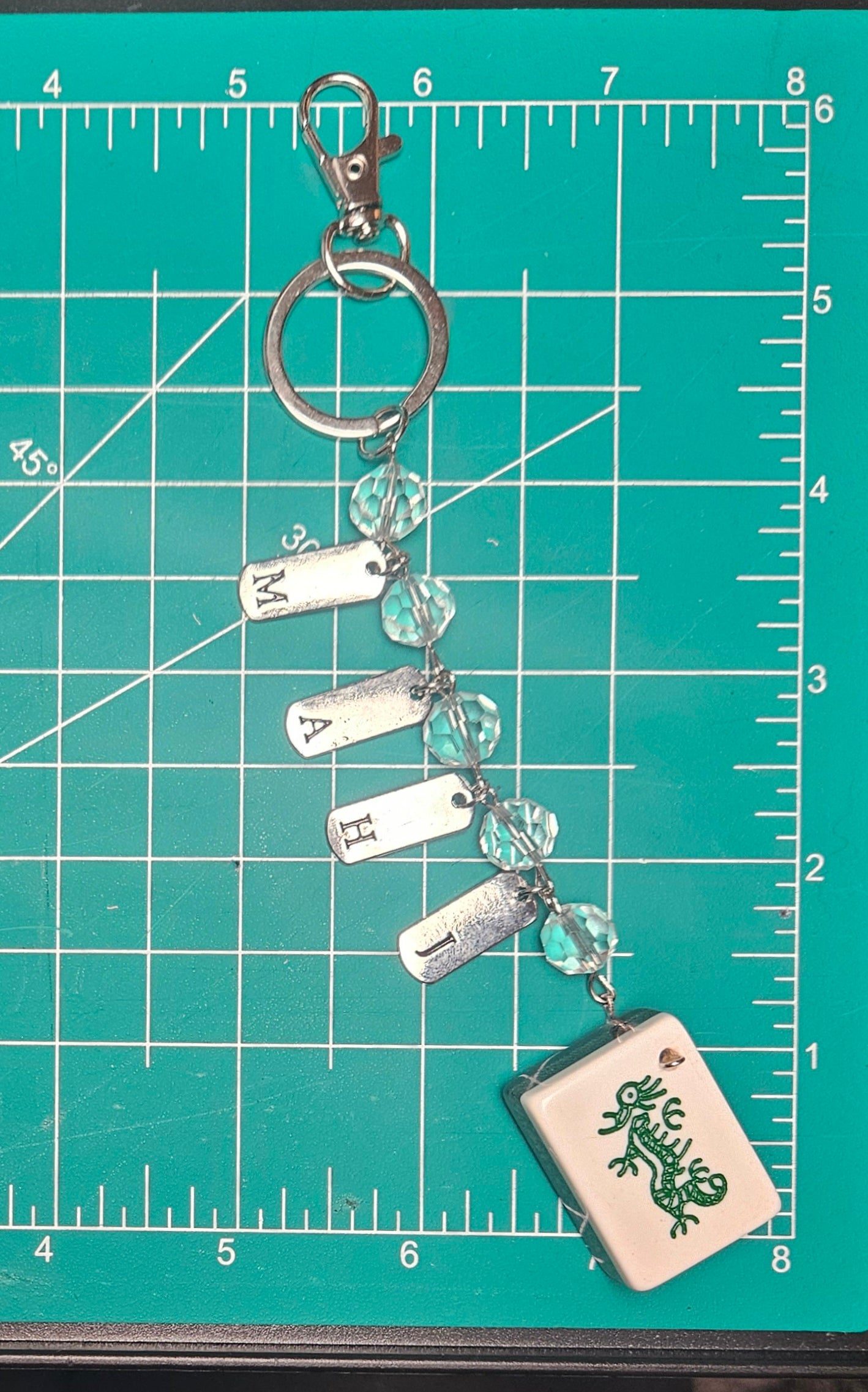 M A H J Keychain with Green Dragon (Tile is light green sparkle.)