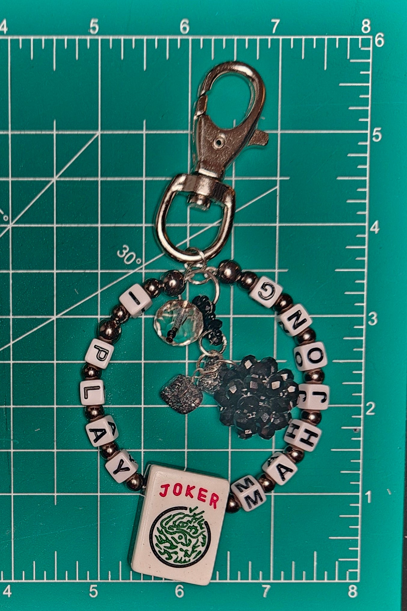 I PLAY MAHJONG Joker Tile Keychain (Tile is black silver sparkle.)