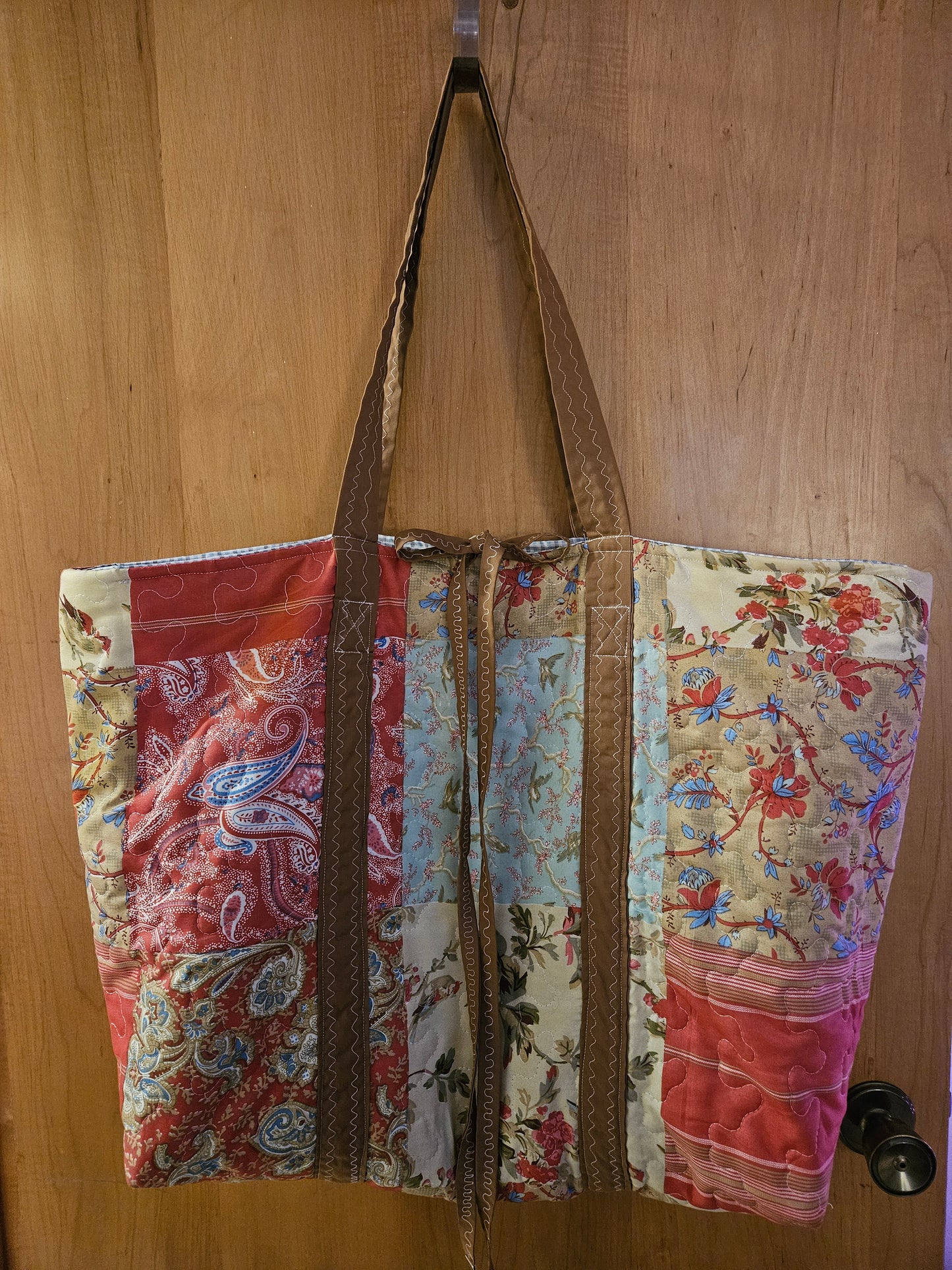 TOTE BAG, Large Quilted Bag with light blue ticking fabric inside