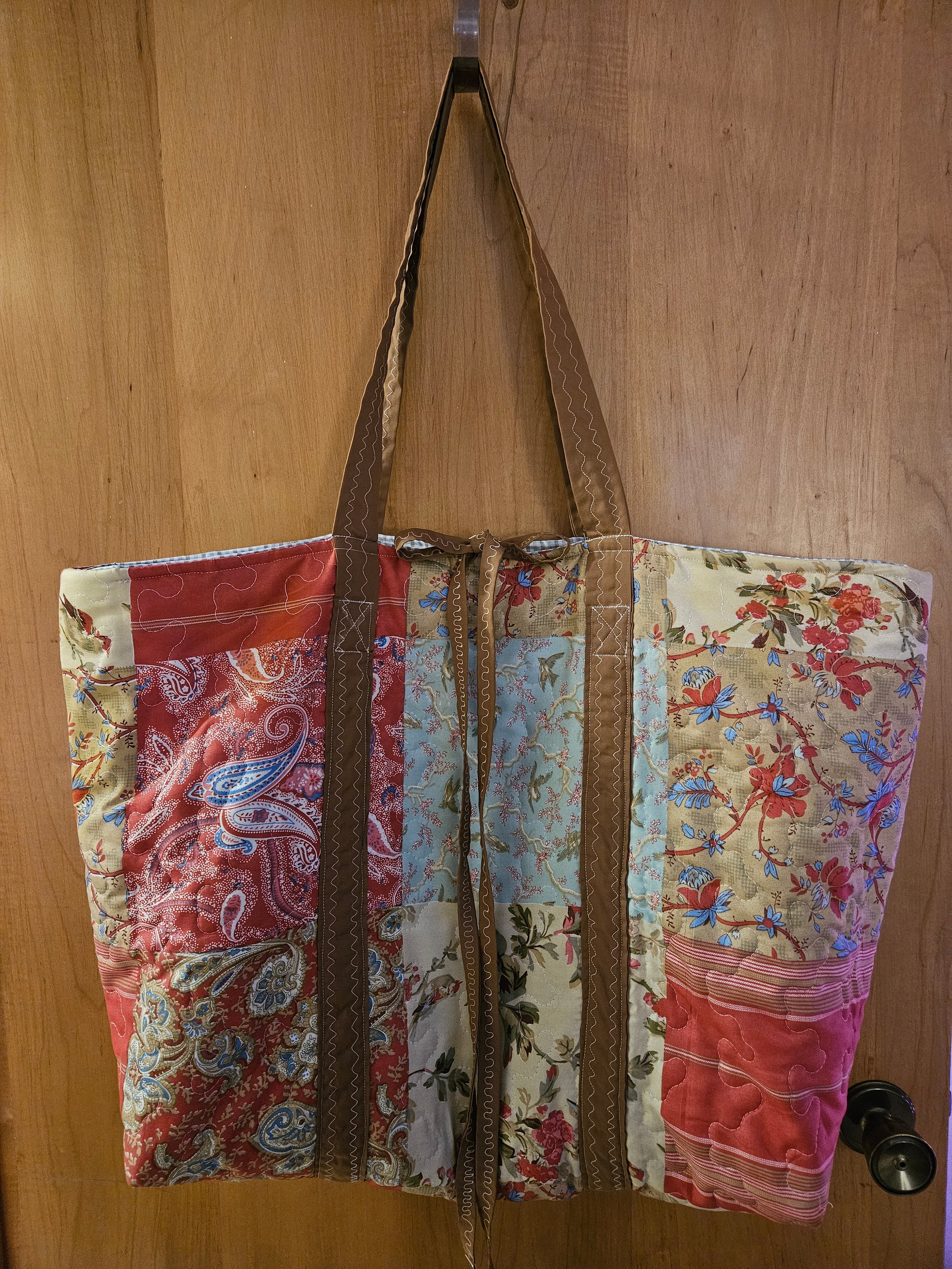 TOTE BAG, Large Quilted Bag with light blue ticking fabric inside