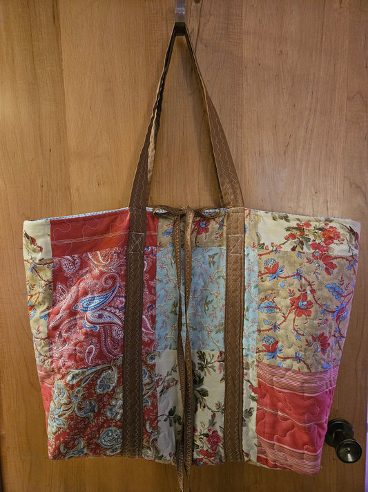 TOTE BAG, Large Quilted Bag with light blue ticking fabric inside