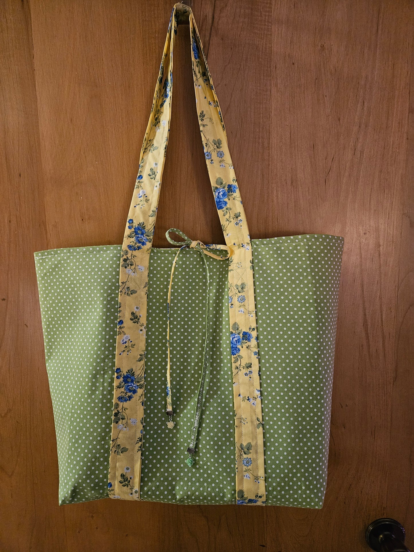 TOTE BAG, Yellow w/Blue Roses and White and Light Green Polka Dots