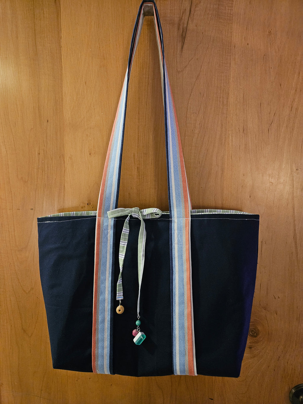 TOTE BAG, Navy Blue with Green and White Ticking inside