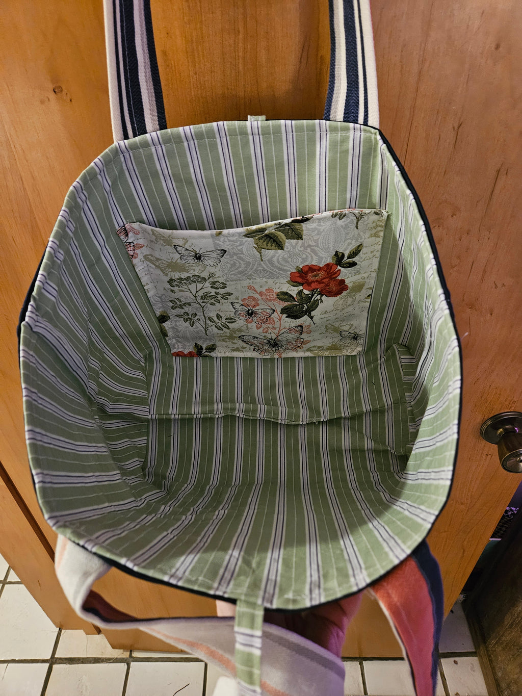 TOTE BAG, Navy Blue with Green and White Ticking inside