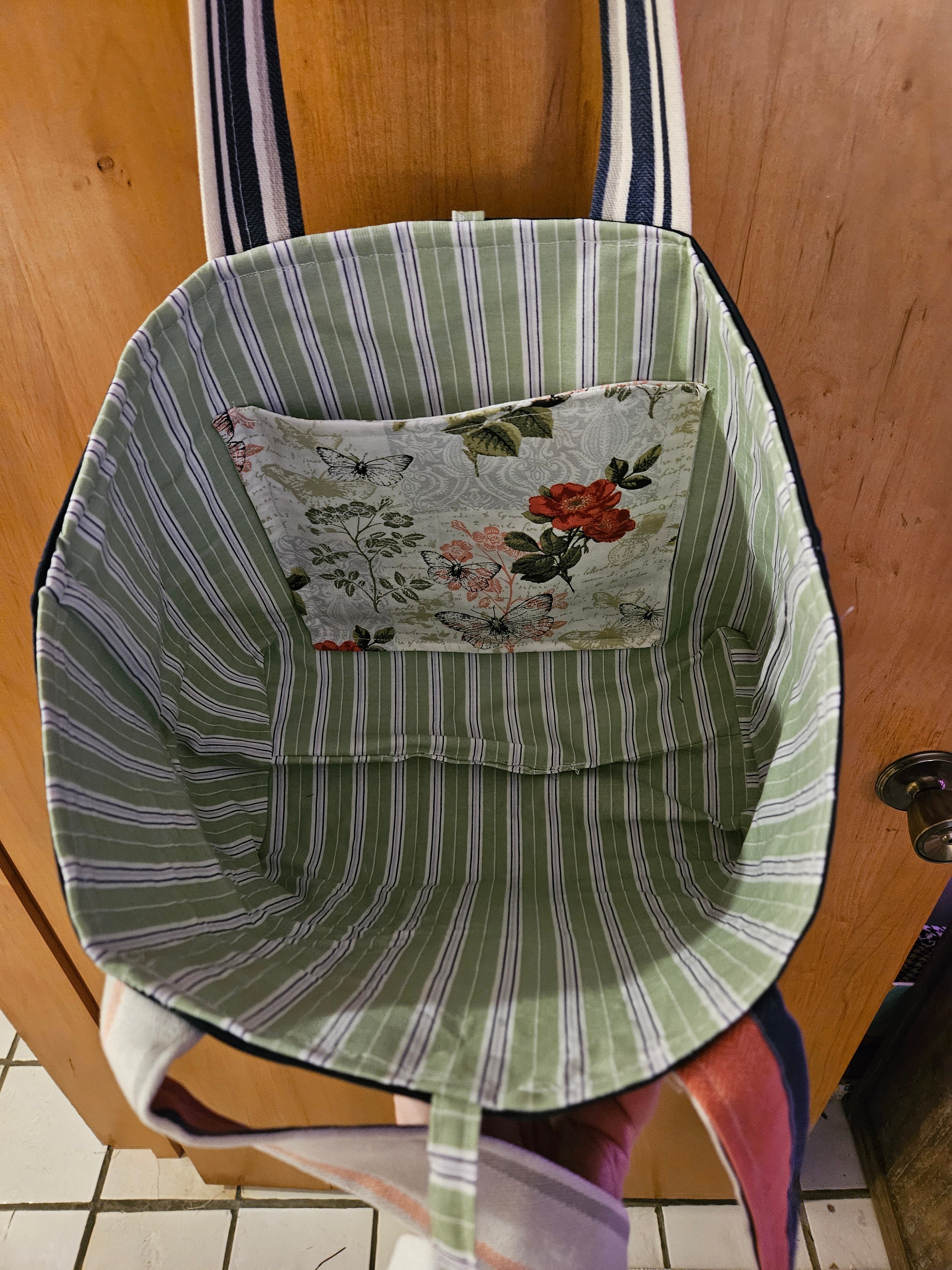 TOTE BAG, Navy Blue with Green and White Ticking inside
