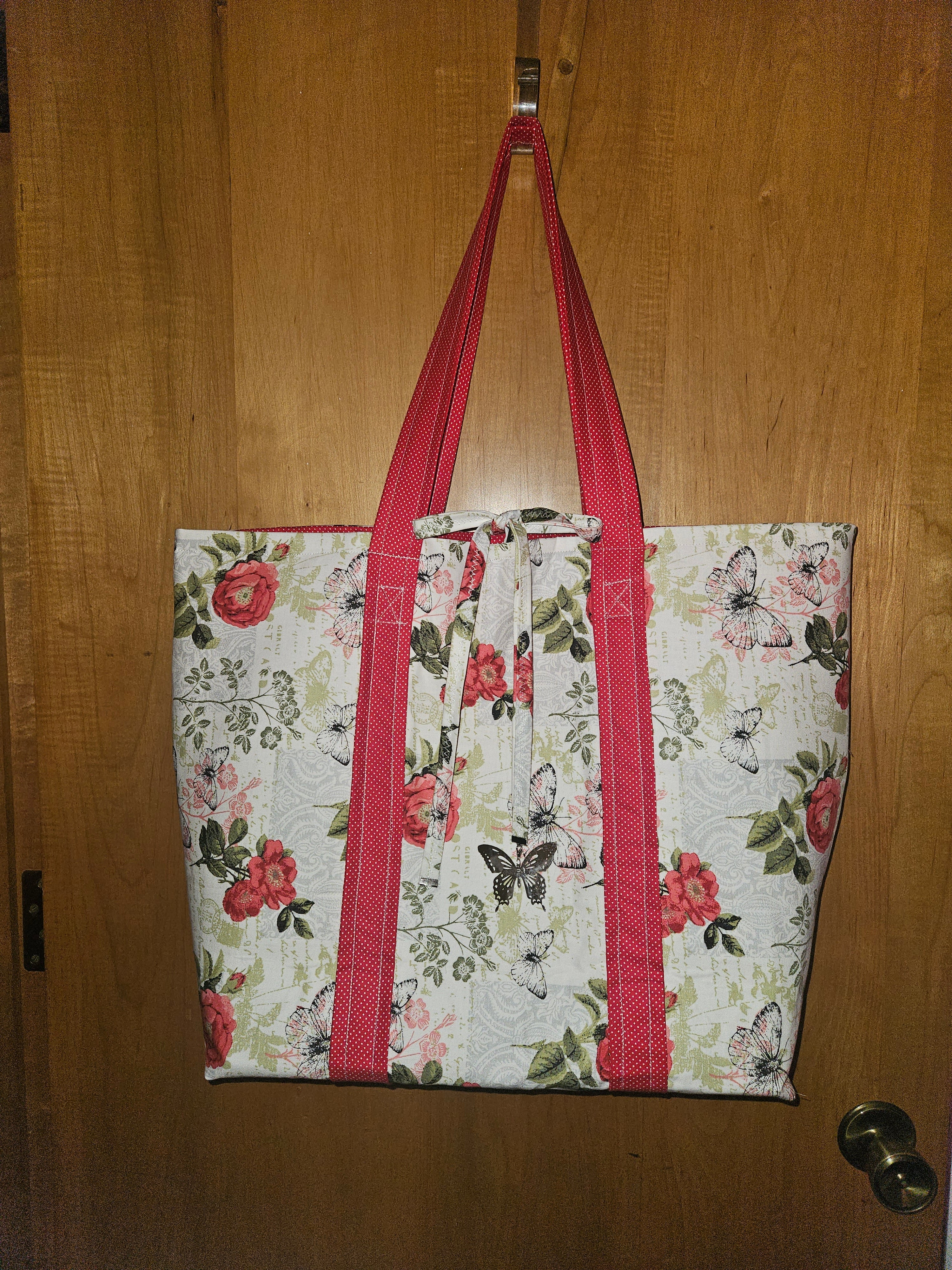 TOTE BAG, Red flowers w/butterflies with Red & White Polka Dot Lining and Straps