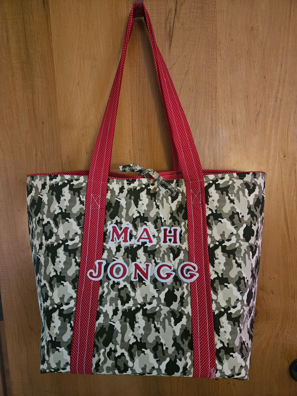 TOTE BAG, Camo with Red and white polka dots