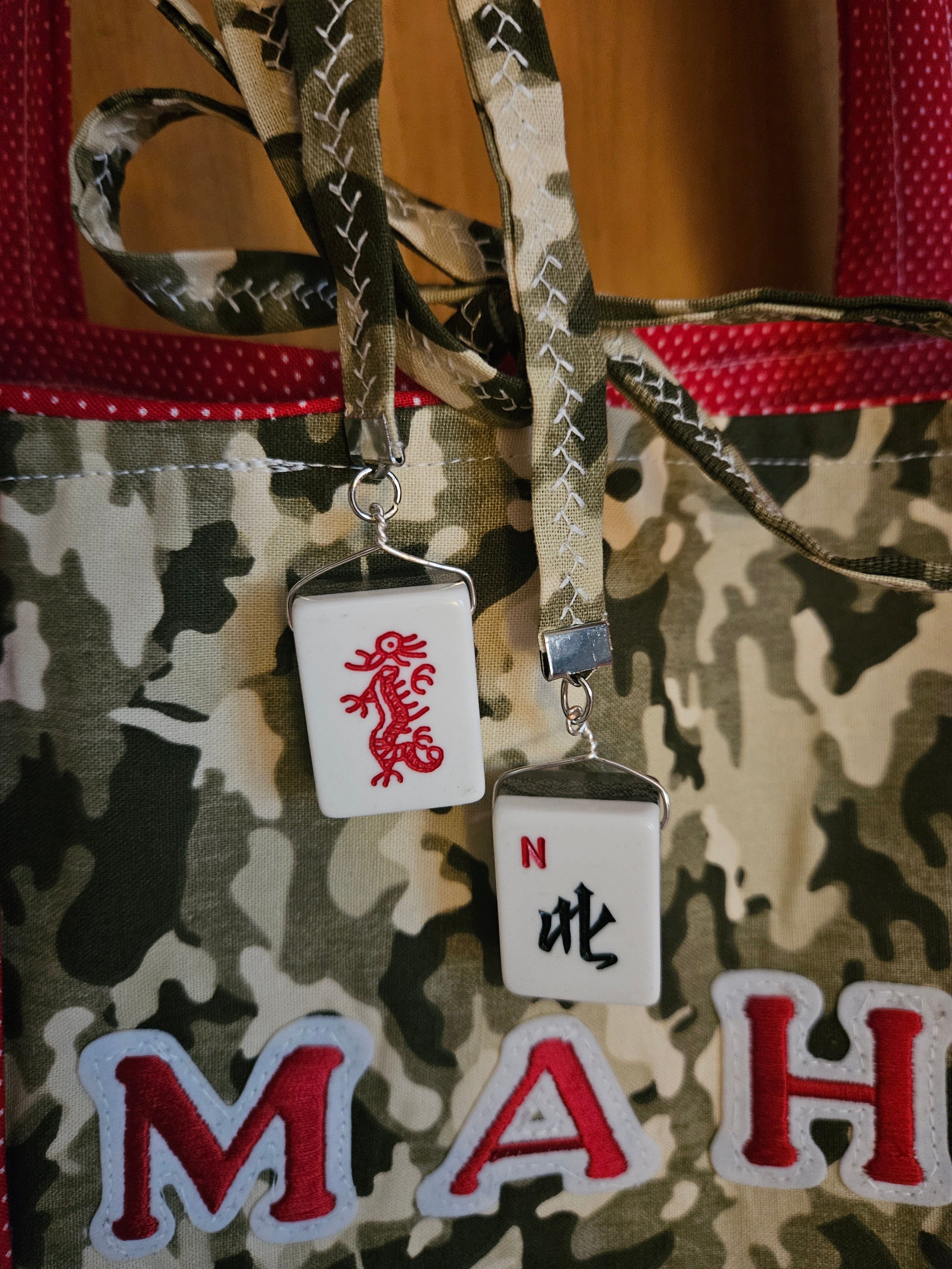 TOTE BAG, Camo with Red and white polka dots