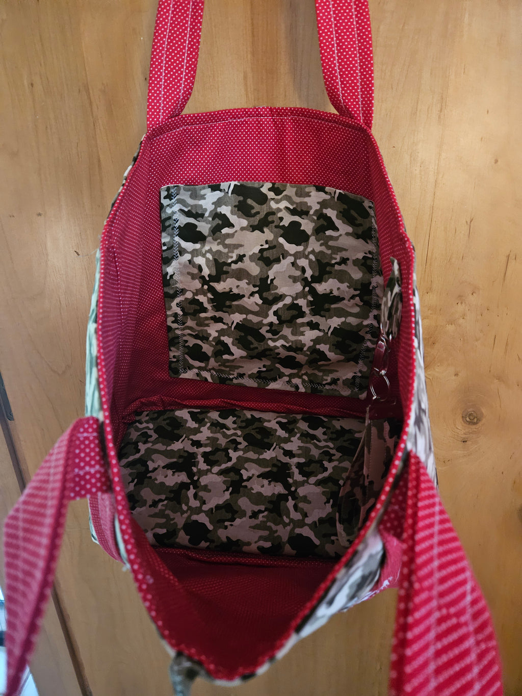 TOTE BAG, Camo with Red and white polka dots