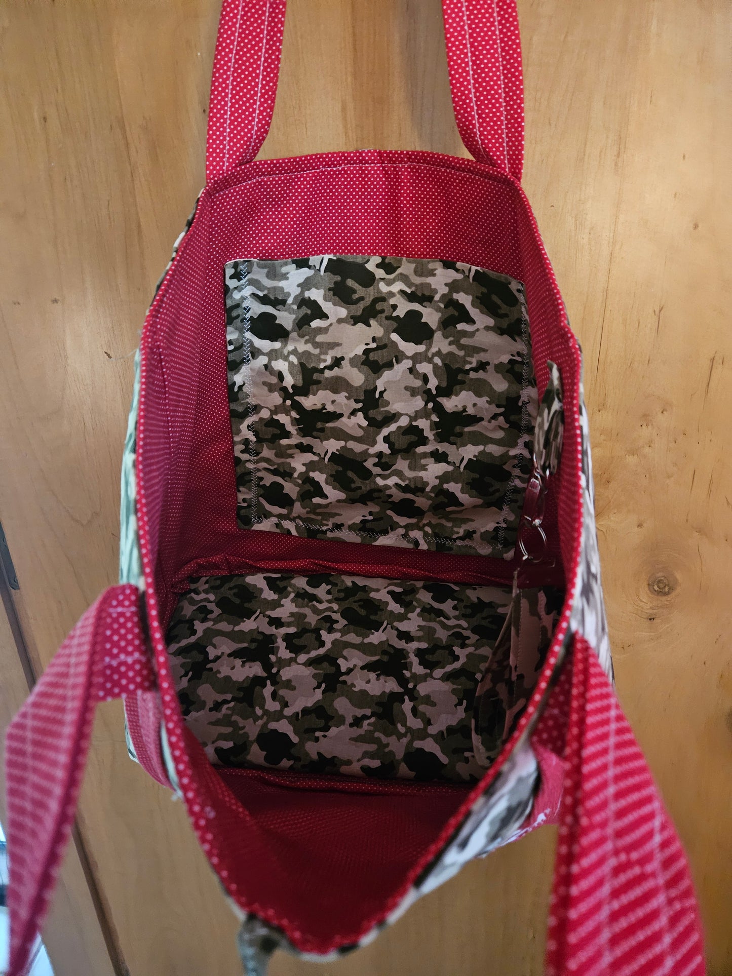 TOTE BAG, Camo with Red and white polka dots