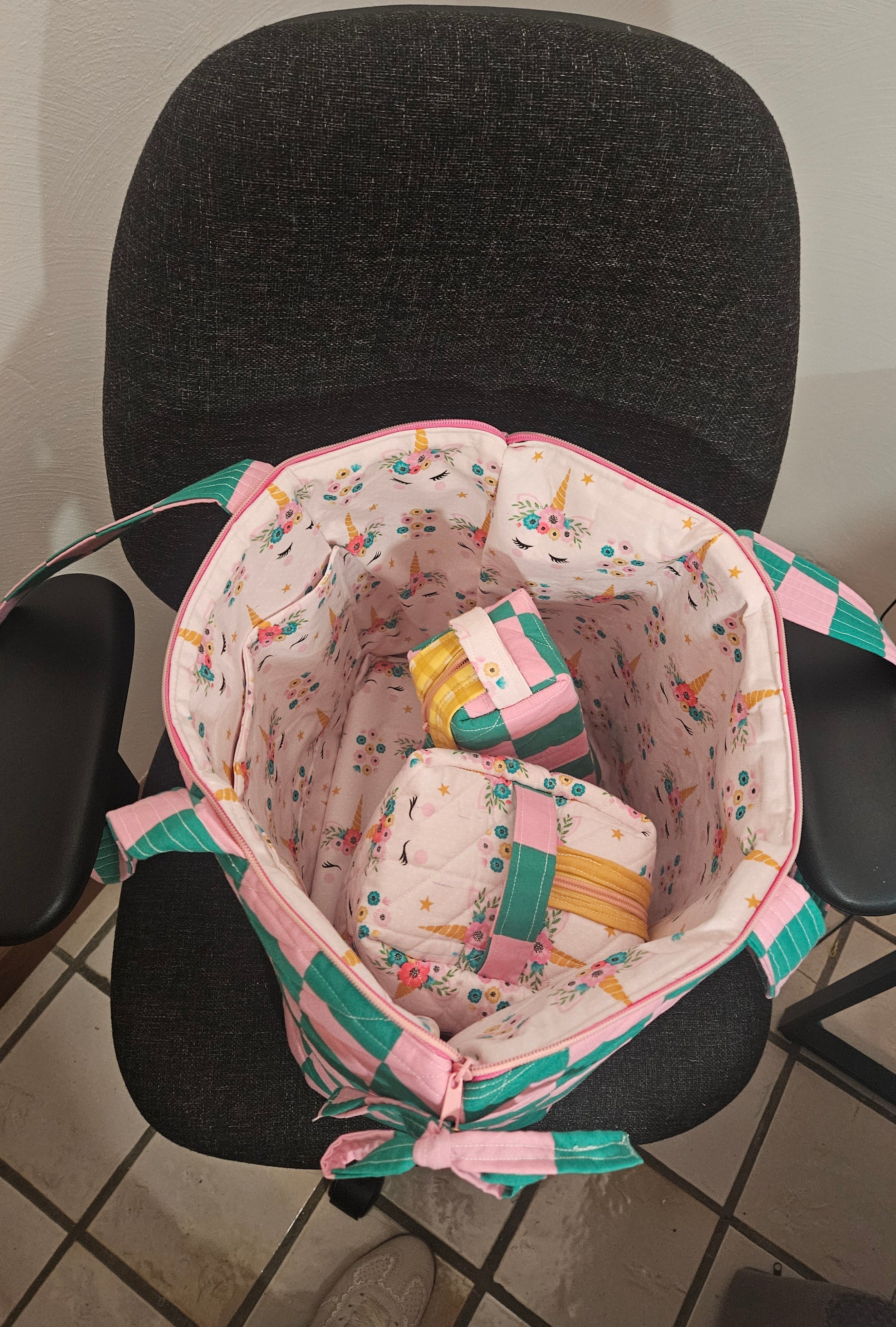TOTE BAG, Pink and Green Checked with Pink Unicorn Lining