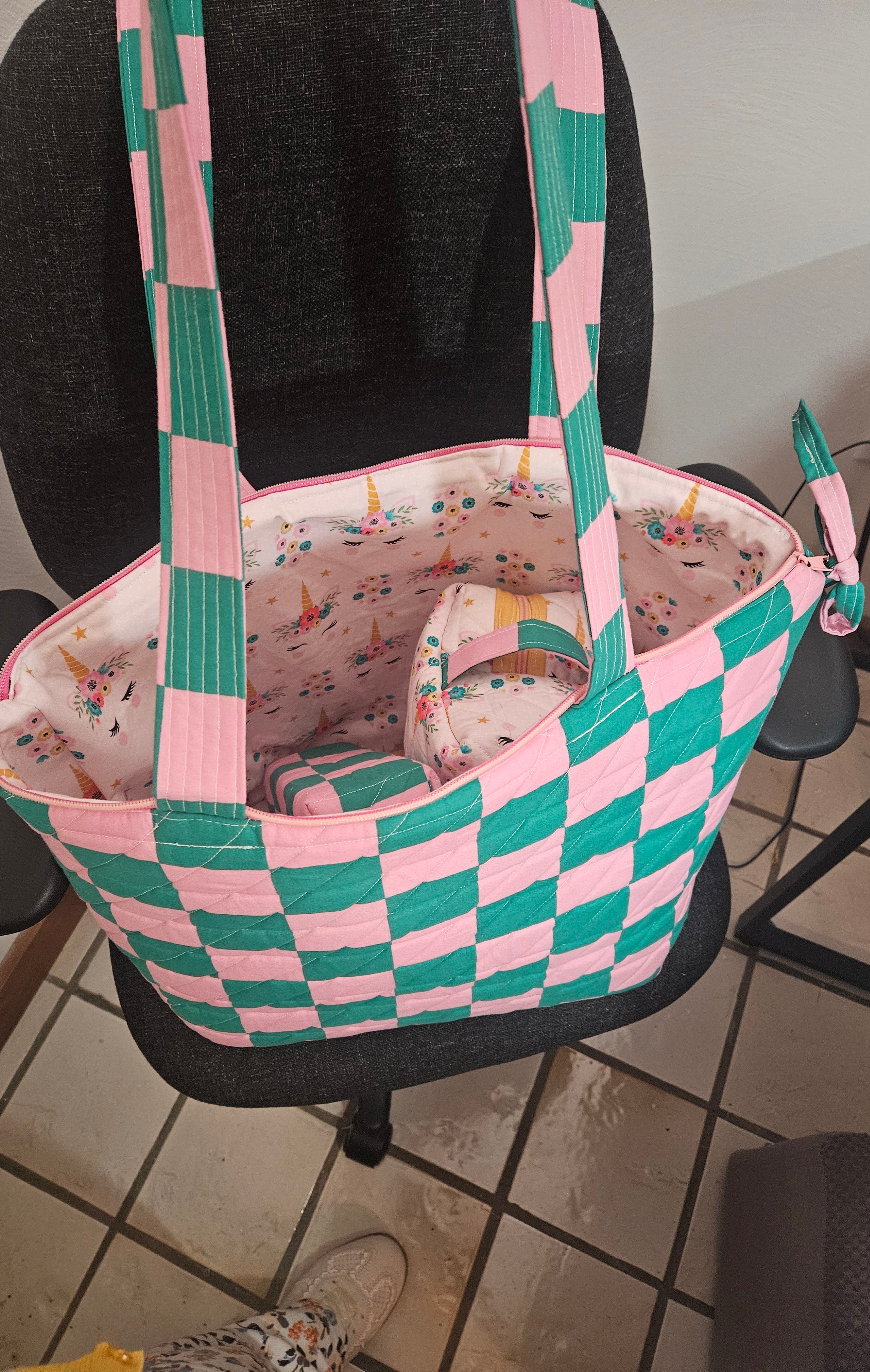 TOTE BAG, Pink and Green Checked with Pink Unicorn Lining