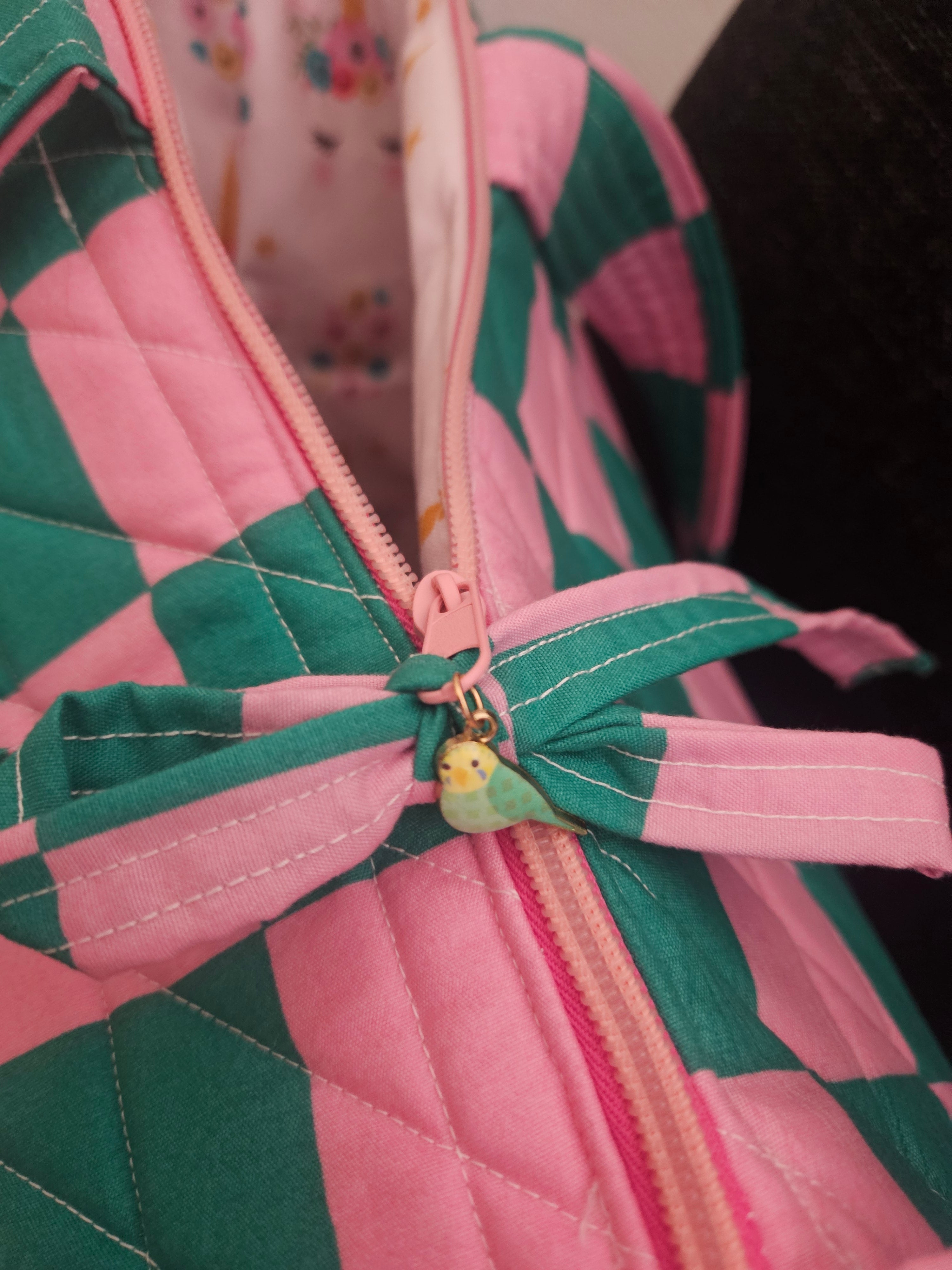 TOTE BAG, Pink and Green Checked with Pink Unicorn Lining