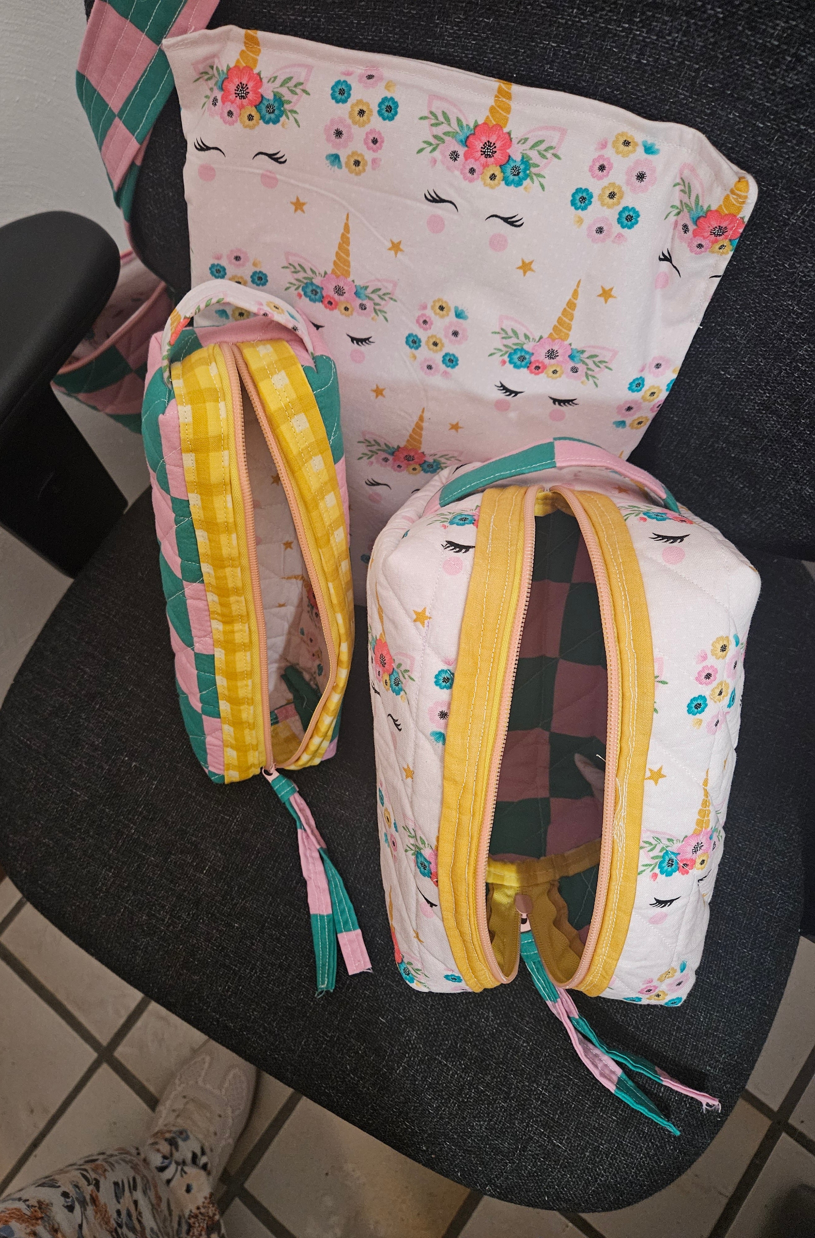 TOTE BAG, Pink and Green Checked with Pink Unicorn Lining
