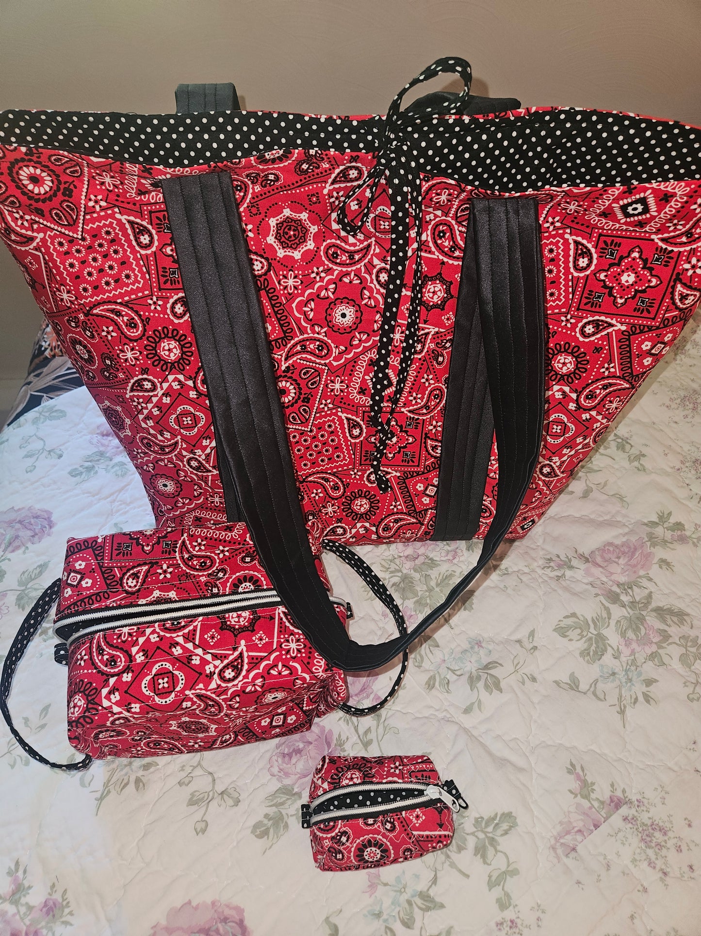 TOTE BAG, Red Bandana with black and white polka dots